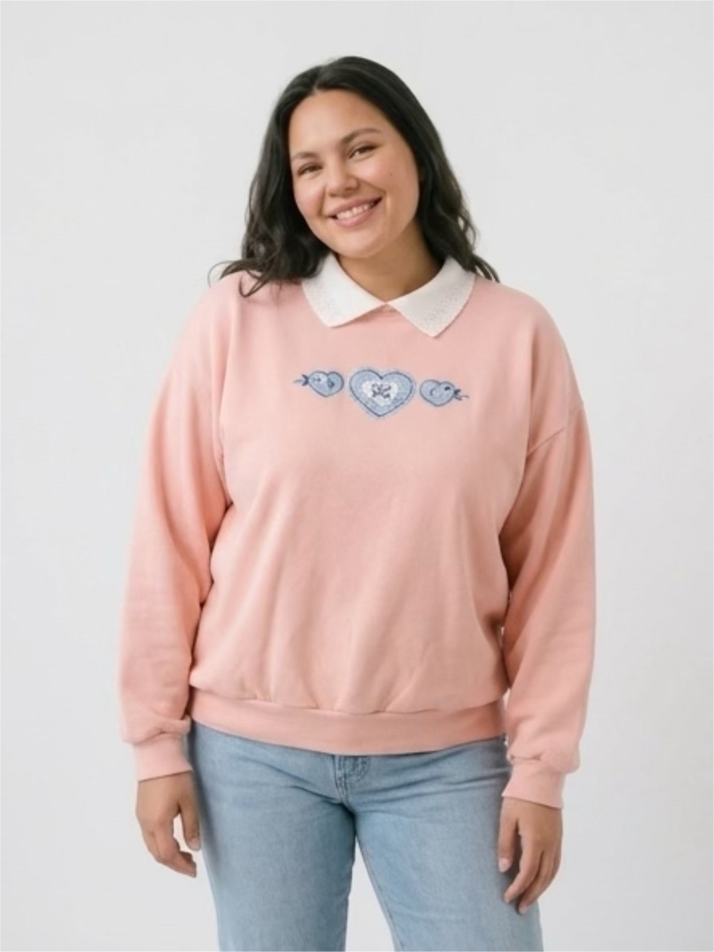 Top Stitch Pink Heart Embroidered Pullover Sweatshirt - Women's 3X
